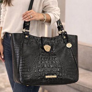 Brahmin Black Croc Embossed Leather Shoulder Tote Gold Hardware Turn Lock